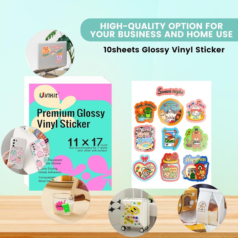Uinkit Premium Vinyl Sticker for Inkjet Printer 11x17 inch Glossy White Sticker Paper 10Sheets Waterproof Label Vivid Color,Tear-Resistant, Removable - Image 2